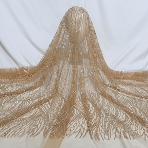 Beaded Tulle Fabric,Sequined Tulle,Beaded Champagne Tulle Fabric,Lace Fabric 1 Yard,Dress Fabric