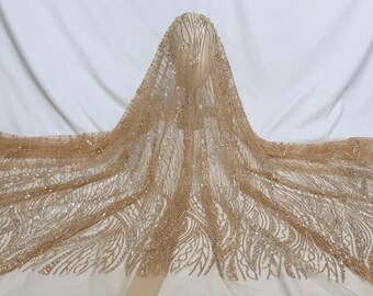 Beaded Tulle Fabric,Sequined Tulle,Beaded Champagne Tulle Fabric,Lace Fabric 1 Yard,Dress Fabric