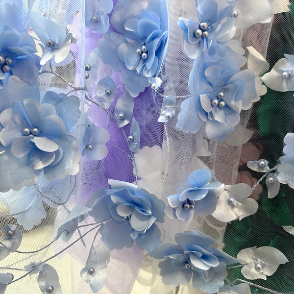 Light blue exquisite flower fabrics, 3D Flower fabrics，wedding lace fabric,dress lace fabric by the yard