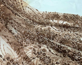 Coffee Beaded Lace Fabric,3d Flower Lace,Sequined Lace Mesh Fabric,For Wedding Dress, Prom Dress, Girl Dress, Bridal Gown, Party Dress