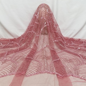 Pink Beaded Lace Fabric,Sequined Tulle Fabric,Pearl Tulle Fabric,For Ball Gowns,Evening Gowns,Beauty Pageant Dress,Mesh Lace