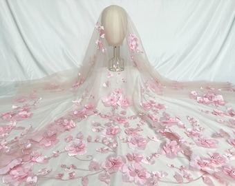 Pink flower lace fabric 3D flower lace beading fabric dress,prom dress,flower Women  dress or wedding decoration,