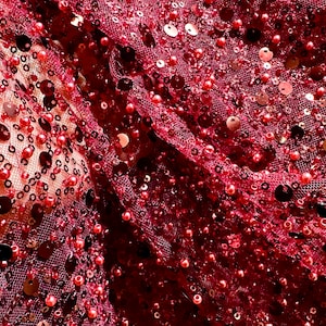 Enthusiastic Burgundy beaded glitter tulle fabric ,Wedding Evening dress Tulle,banquet dresses Fabric,Lace Fabric,1 yard ,Fabric