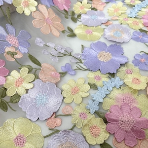 Colorful Floral Tulle Mesh Fabric,Embroidered Lace Fabric,3d Flower,Wedding Gown Fabric,Bridal Dress Lace Fabric 1 Yard