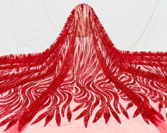 Tela de encaje con lentejuelas rojas, telas con cuentas, para vestidos de fiesta, vestidos de graduación, vestidos de flores o decoración de bodas, tela de tul.