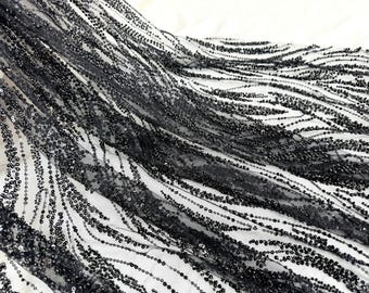 Black Beaded Lace Fabric,Simple Leaf Beaded Lace,Sequins Lace Mesh Fabric, For Haute Couture, Stage Dress, Evening Prom