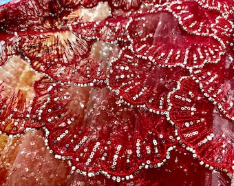 Passionate wine red sequined lace,mesh lace fabric,Wedding Evening dress Tulle,bridal lace,Material by the yard