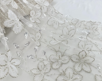 Tela de tul floral bordada en blanco, tela de encaje floral suave, tela de encaje con cuentas de lentejuelas, para vestidos de baile, vestidos, disfraces
