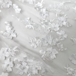 New flower tulle fabric,mesh fabric,soft 3D flower fabric,White lace fabric with pearls,fashion evening dress fabric,summer dress fabric