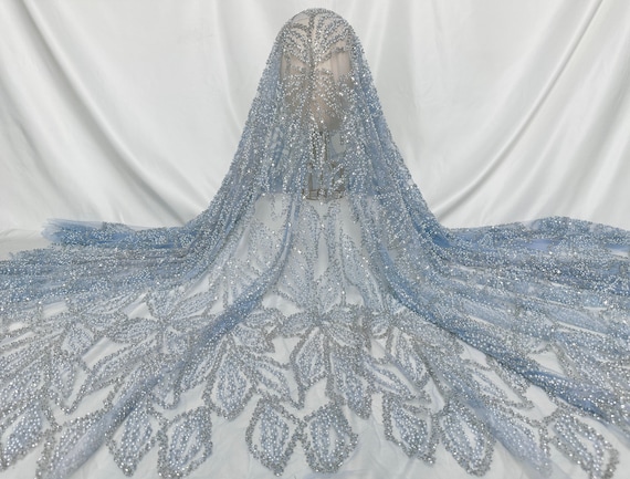 Light Blue Heavy Bead Lace Fabric,Sequin Floral Tulle Fabric,Beaded Fabric,Dress Fabric, DIY Mesh Fabric