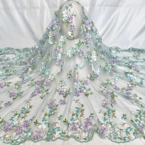 Green Flower Embroidery Fabric, Beaded Lace Fabric, Mesh Fabric, Tulle Lace, Bridal Gown Fabric, Girl Dress Fabric,DIY Clothing Fabric
