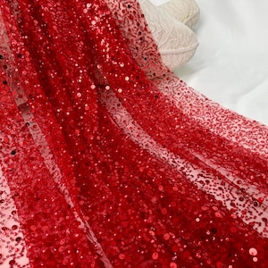 Red sequin beaded tulle fabric, fashion tulle fabric, pearl lace fabric, DIY clothing fabric, mesh lace