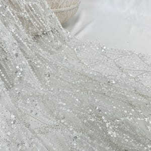 Off-White shell beaded lace fabric, heavy beaded lace fabric, bridal dress fabric, DIY clothing fabric, mesh lace