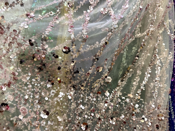 Pink Sequin Beaded Tulle Material Pink Sequin Beaded Tulle Material