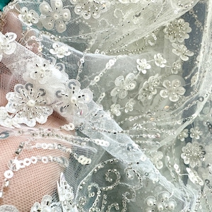 White Beaded Lace Floral Flowers  Embroidered Beads On Mesh Fabric,Hand Beaded bridal lace Fabric by the Yard,lace fabric