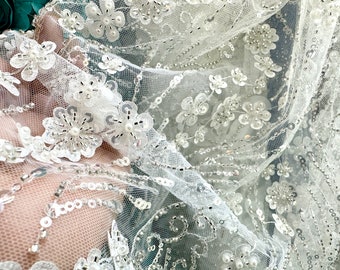White Beaded Lace Floral Flowers  Embroidered Beads On Mesh Fabric,Hand Beaded bridal lace Fabric by the Yard,lace fabric