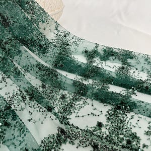 Green Sequin Lace Fabric,Heavy Beaded Lace Fabric,Evening Dress Fabric,DIY Clothing Fabric,Tulle Mesh
