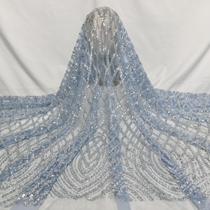 Blue Net Sequin Lace Fabric, Luxury Sequin Beaded Embroidery Lace Fabric, Embroidery Beaded Wedding Bridal Fabric, Tulle Fabric 1 Yard