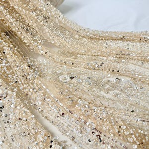 Champagner Braut Pailletten Spitzenstoff, Blumen Pailletten Tüllstoff, Perlenstoff, Brautkleidstoff, Mode DIY Tüllstoff