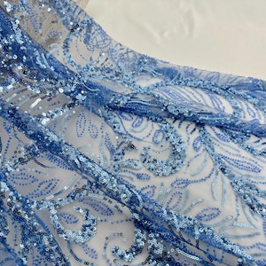Blue leaf beaded lace fabric,sequin floral tulle fabric,heavy beaded tulle lace fabric for couture,bridal mesh lace,fashion dress fabric