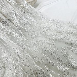 White Bridal Beaded Lace Fabric,Bridal Gown Fabric,Silver Sequins Tulle Fabric,French Lace,Shinny Sequins Beaded Lace Fabric By Yard