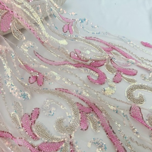 Rosa Pailletten-Blumenspitze-Stoff, Perlen-Tüll-Gewebe, Tüll, geeignet für Partykleider, Festzugskleider, Abschlussballkleider, 1 Yard