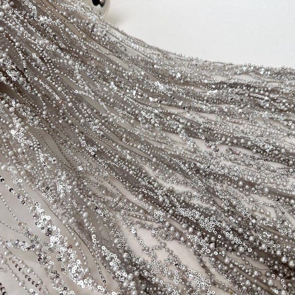 Heavy beaded fabrics,Haute couture Handbeaded lace for bridals,bridal gown fabric，Gray pearl tulle，Mesh