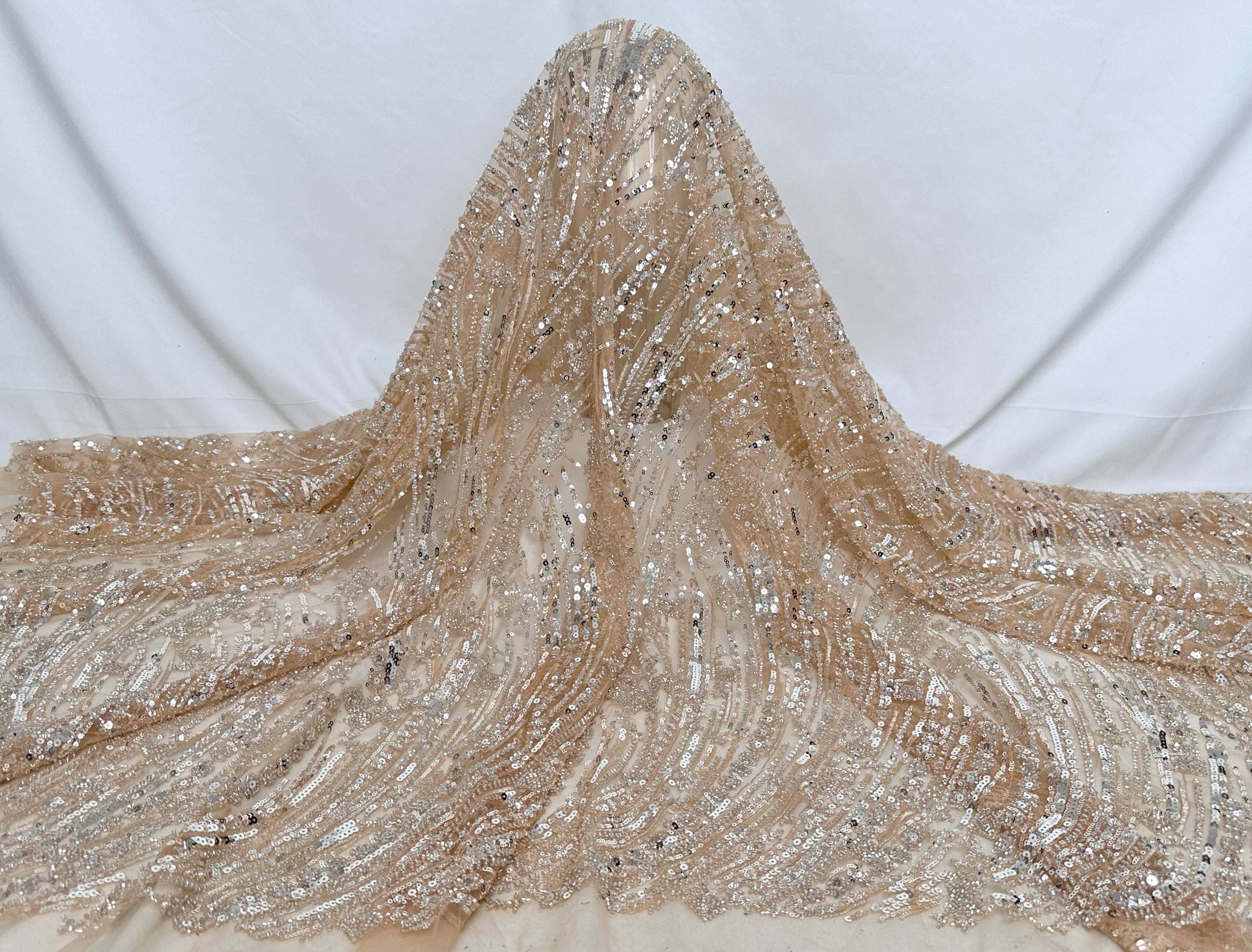 Silver Sequined Beaded Fabric,Party Wear Fabric， Glitter Mesh Lace Wedding Party Dress Fabric，Bead Tulle Fabric