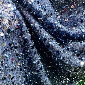 Blue beaded glitter tulle fabric ,Beaded Tulle,dress fabric ,Wedding Evening dress Tulle,banquet dresses Fabric,Lace Fabric,1 yard ,Fabric