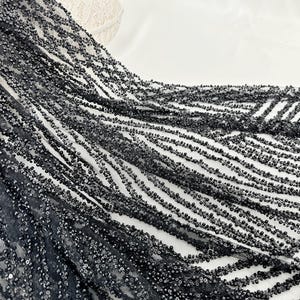 Black heavy beaded tulle fabric, evening dress fabric, lace mesh, pearl mesh fabric, DIY clothing lace