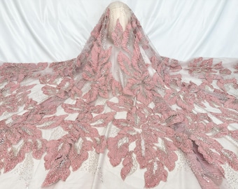 Pink Floral Tulle Fabric,Flower Lace Fabric,Beaded Mesh Fabric,Sequin Pearl Lace Fabric,Fashion Dress Fabric,Vintage Lace,Bridal Gown Fabric