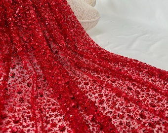 Tela de encaje con lentejuelas rojo pasión, telas de flores 3D, para vestidos de fiesta, vestidos de gala, vestidos de flores o decoración de bodas, tela de tul
