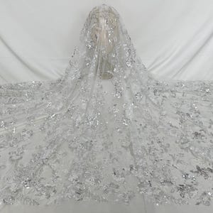 White Embroidered Floral Lace Fabric,Beaded Tulle Fabric,Sequined Lace Fabric,Bridal Dress Fabric,Fashion Clothing Fabric,Wedding Material