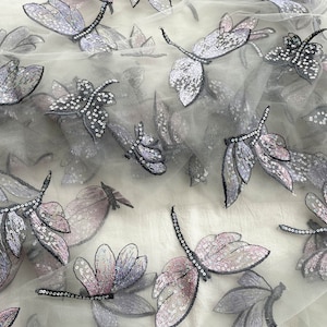 Embroidery Dragonfly Sequins Tulle Fabric,Soft Glitter Lace Fabric,Clothing Dress Tulle Fabric,Mesh Tulle