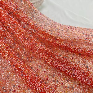 1 yard orange beaded fabric, mesh lace, sequin lace fabric, DIY clothing fabric, evening dress fabric