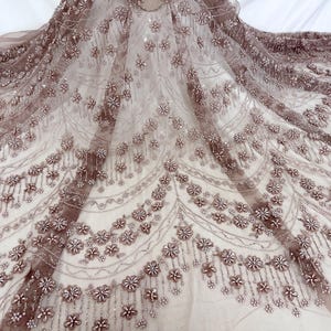 Bridal Sequin Flower Lace Fabric, 3d Flower Tulle Fabric, Pearl Tulle Fabric For Diy Dress, Prom Dress, Brown Mesh Fabric
