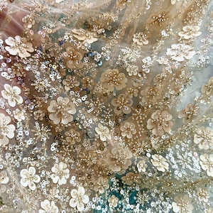 Champagne Heavy bead tulle lace fabric with florals for bridal dress, French lace fabric with sequined flowers,lace fabric 1yard