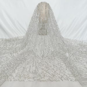 Off-White Beaded Lace Fabric, Sequin Fabric, Bridal Gown Fabric, Fashion Garment Fabric, Lace Mesh Fabric