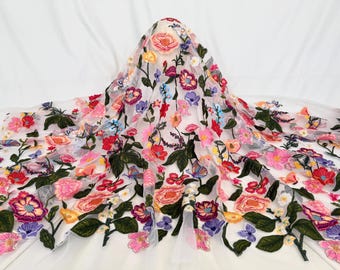 Bloemen geborduurde kantstof,Geborduurde tule,Avondjurk,Bruiloftstof,Bloemenstof,