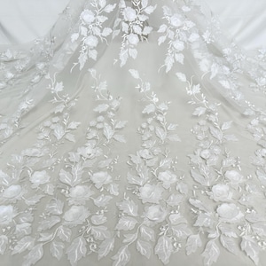 Embroidered 3d Leaf Tulle Fabric,Ivory Flower Lace Fabric,Bridal Evening Dress Fabric,DIY Fabric,Lace Applique,Decorative Fabric