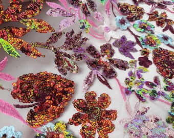 Tela de encaje floral con lentejuelas color rojo vino, tela de tul con lentejuelas y hojas, tela de malla con flores y hojas, tela de alta costura, tela para vestidos de gala