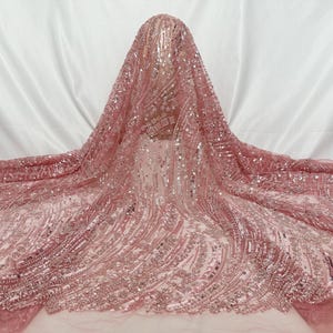 Pink Sequin Pearl Beaded Lace,Beaded Lace Fabric，Couture Embroidery Tulle Flowers Fabric 1 Yard
