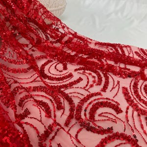 Red Heavy Sequin Lace Fabric, Round Beaded Fabric, Fashion Mesh Fabric, Embroidery Beaded Bridal Gown Fabric,DIY Garment Fabric, Mesh Lace