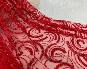 Red Heavy Sequin Lace Fabric, Round Beaded Fabric, Fashion Mesh Fabric,  Embroidery Beaded Bridal Gown Fabric,DIY Garment Fabric, Mesh Lace