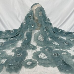 Blue floral lace dress fabric,sequin floral tulle,beaded mesh fabric,DIY evening dress clothing design,Flower tulle lace