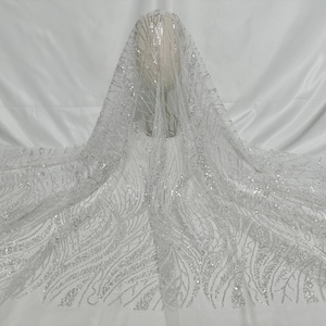 White Sequin Beaded Lace Fabric,Sequin Tulle Fabric,Bridal Wedding Dress,Evening Dress,High Fashion Fabric,Lace Mesh