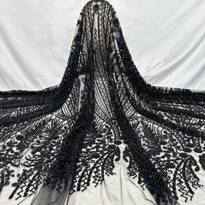 Black Heavy Bead Lace Fabric,Sequin Beaded Fabric, Pearl Flowers Tulle Fabric,Diy Wedding Bridal Evening Dress Costume Design