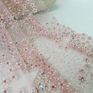 Pink 3D beaded floral lace fabric,heavy bead lace,for bridal dress and couture,lace fabric,Sequin lace, lace mesh