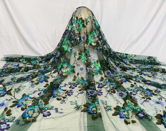 Green Sparkle bead tulle lace fabric,bead fabric，for ball gowns，Floral sequined tulle fabric