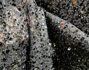 Elegant black beaded fabric,dress fabric ,Wedding Evening dress Tulle,Glitter Fabric,1 yard ,Fabric